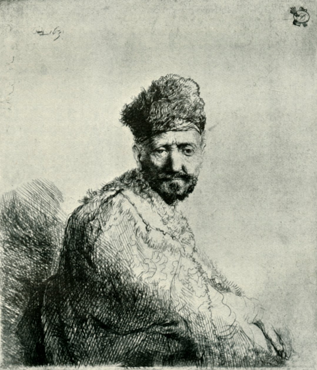 Skjeggete mann i en pelset orientalsk lue og kappe: kunstnerens far, 1631, 1906. av Unbekannt