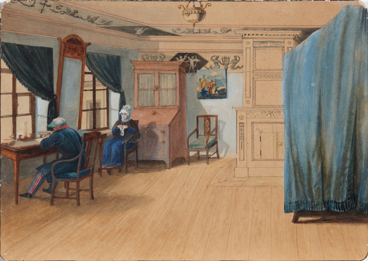 Soverom interiør. Grev Yegor Frantsevich Kankrin 1774-1845 ved skrivebordet hans, 1820-tallet av Unbekannt