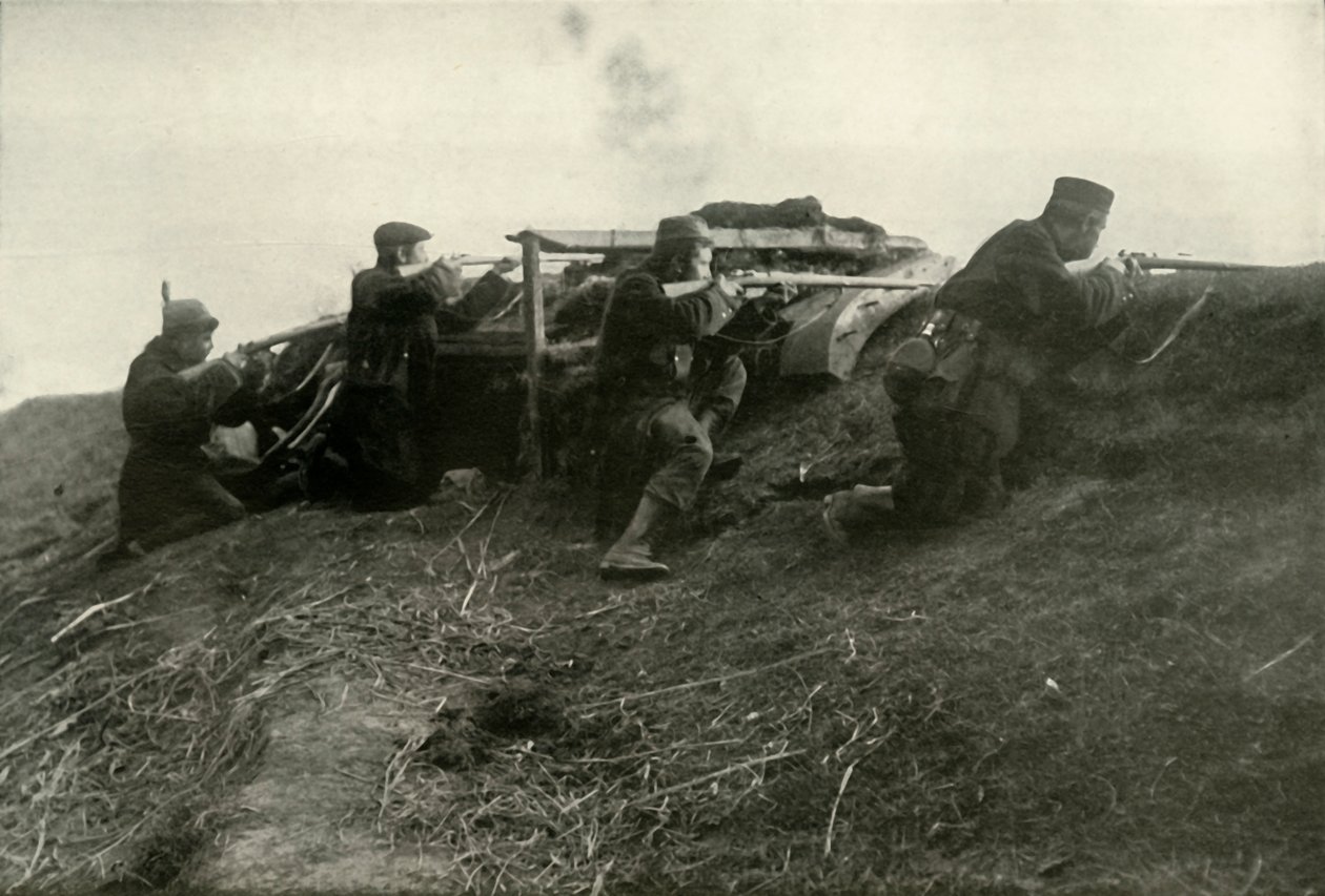 Belgiere som holder elven ved Termonde, 1919. av Unbekannt