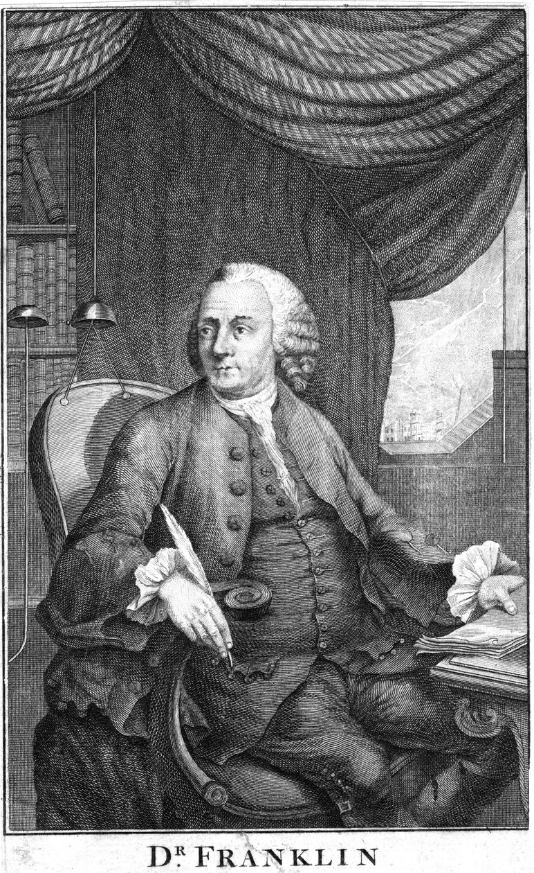 Benjamin Franklin, amerikansk vitenskapsmann, oppfinner og statsmann, sent på 1700-tallet av Unbekannt