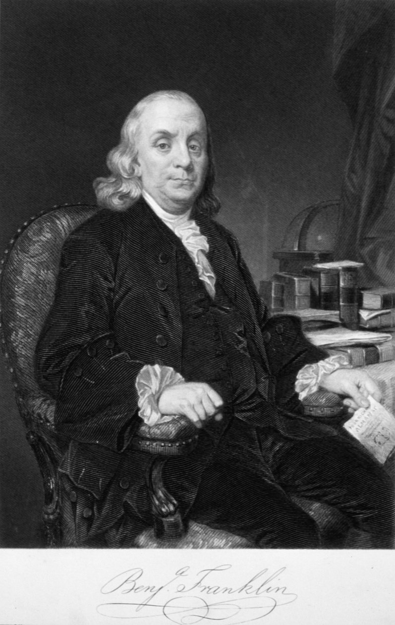 Benjamin Franklin, amerikansk vitenskapsmann, oppfinner og statsmann, sent på 1700-tallet av Unbekannt