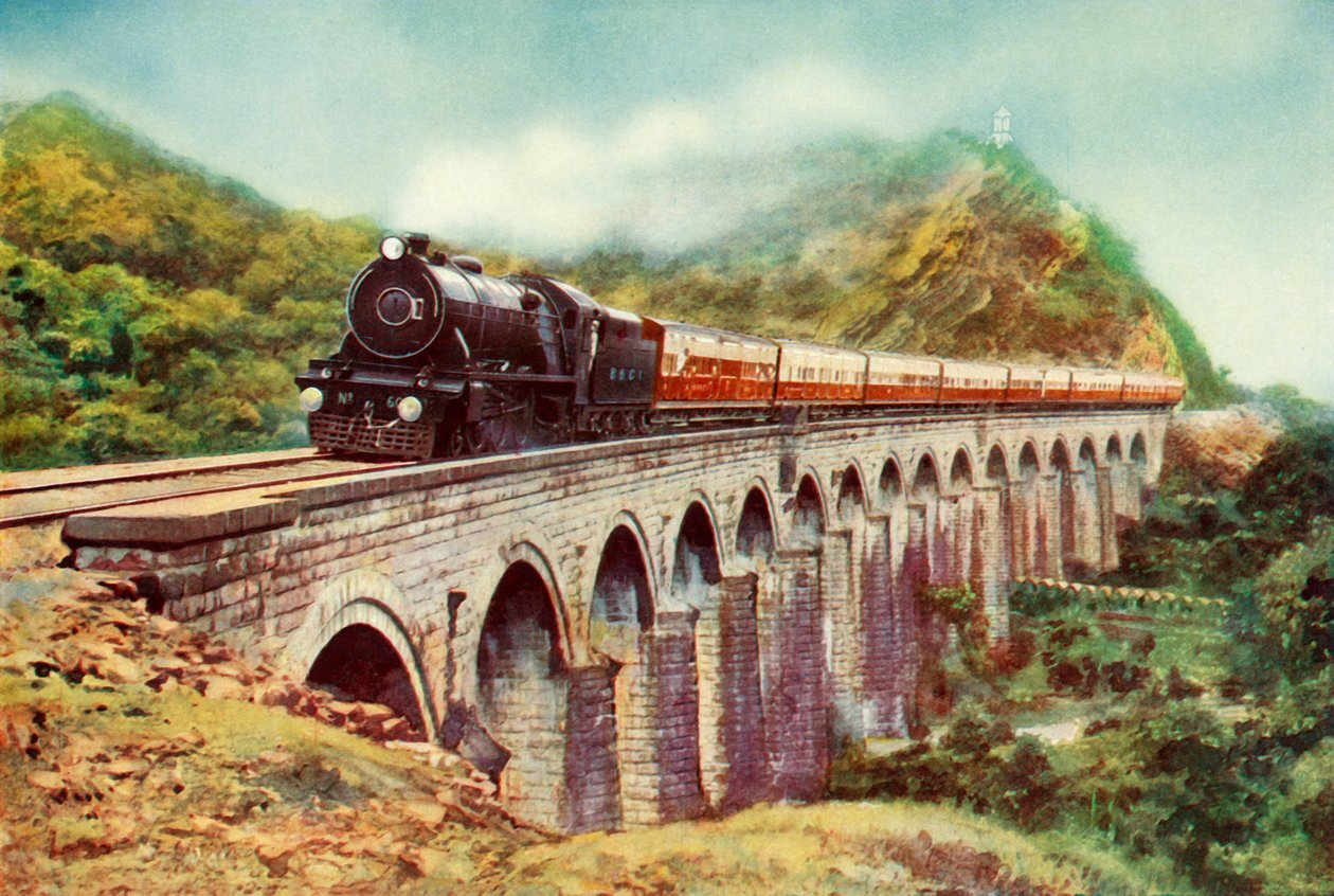 Mellom Bombay og Delhi. En slående utsikt over Frontier Mail som passerer over en viadukt, 1935 av Unbekannt
