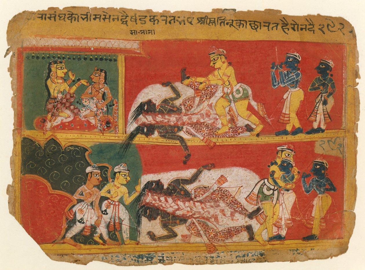Bhima Slice Jarasandha: Sider fra Bhagavata Purana-manuskriptet, ca. 1540. av Unbekannt