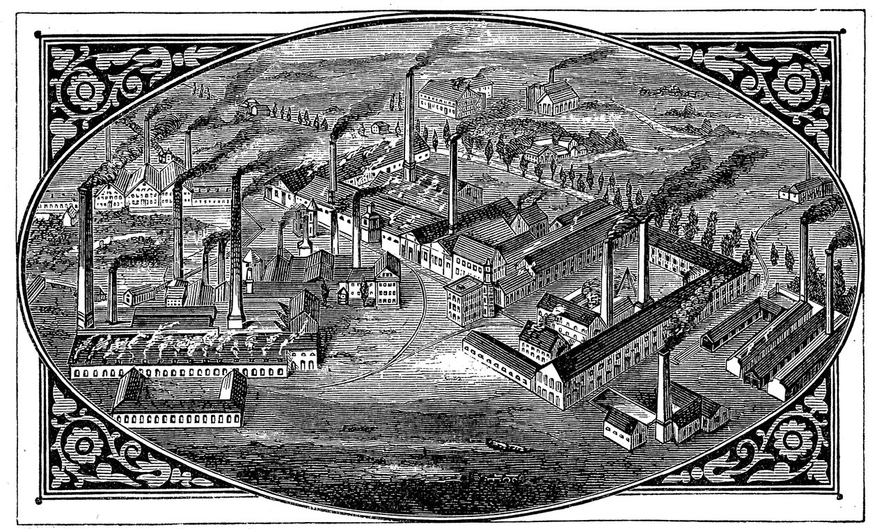 Fugleperspektiv av Krupps verk, Essen, Tyskland, 1876 av Unbekannt