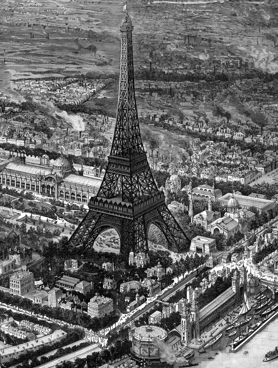 Eiffeltårnet i fugleperspektiv på tidspunktet for åpningen av Paris-utstillingen i 1889 av Unbekannt