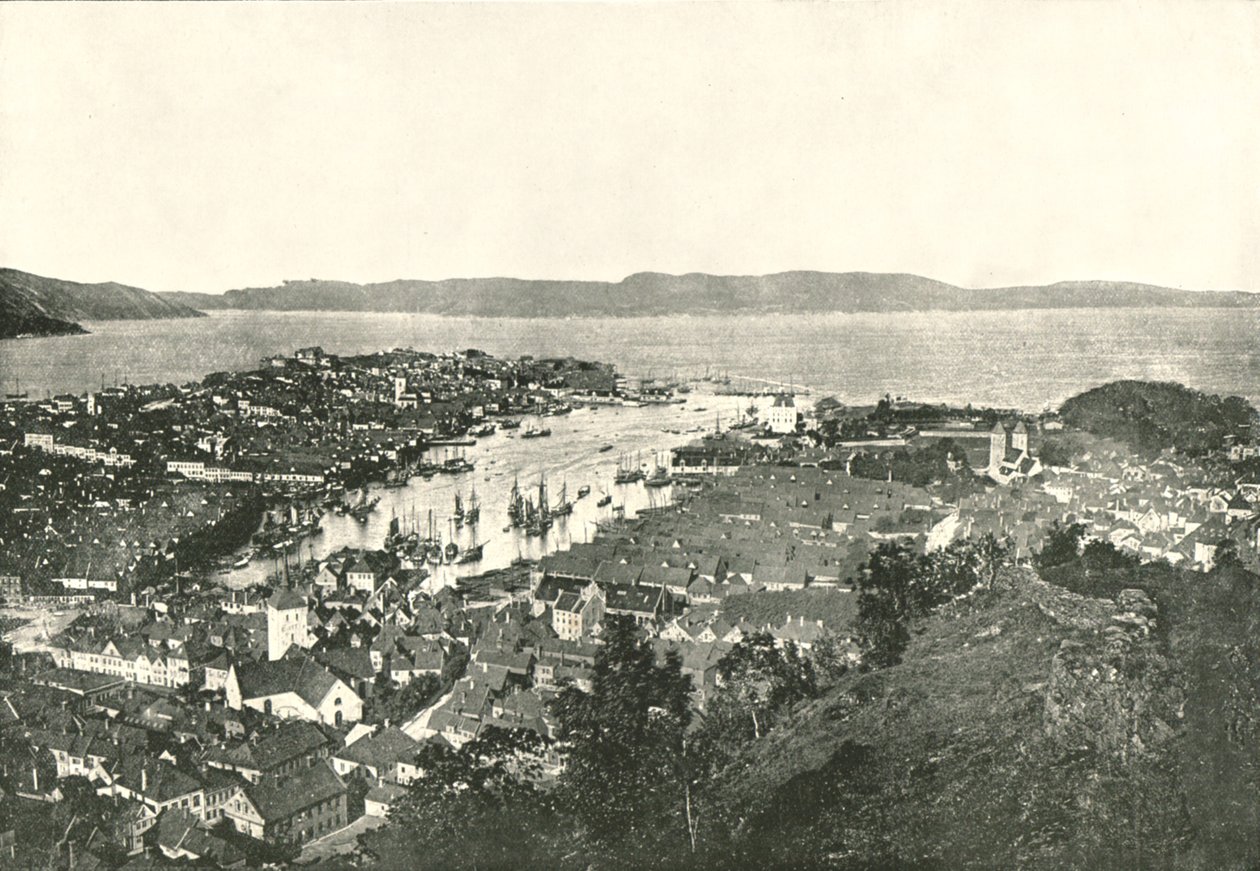 Fugleperspektiv over havnen, Bergen, Norge, 1895. av Unbekannt