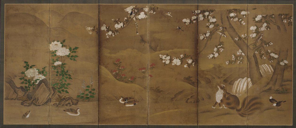 Fugler, årstidenes blomster og sivetkatter, Muromachi- eller Momoyama-perioden, 1500-tallet. av Unbekannt