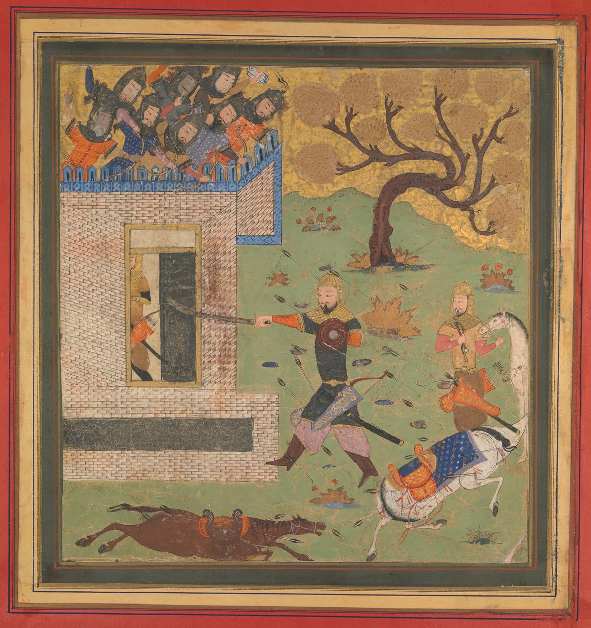 Bizhan tvinger Farud til å trekke seg tilbake til fortet sitt, Folio fra en Shahnama Book of Kings, c1430-40. av Unbekannt