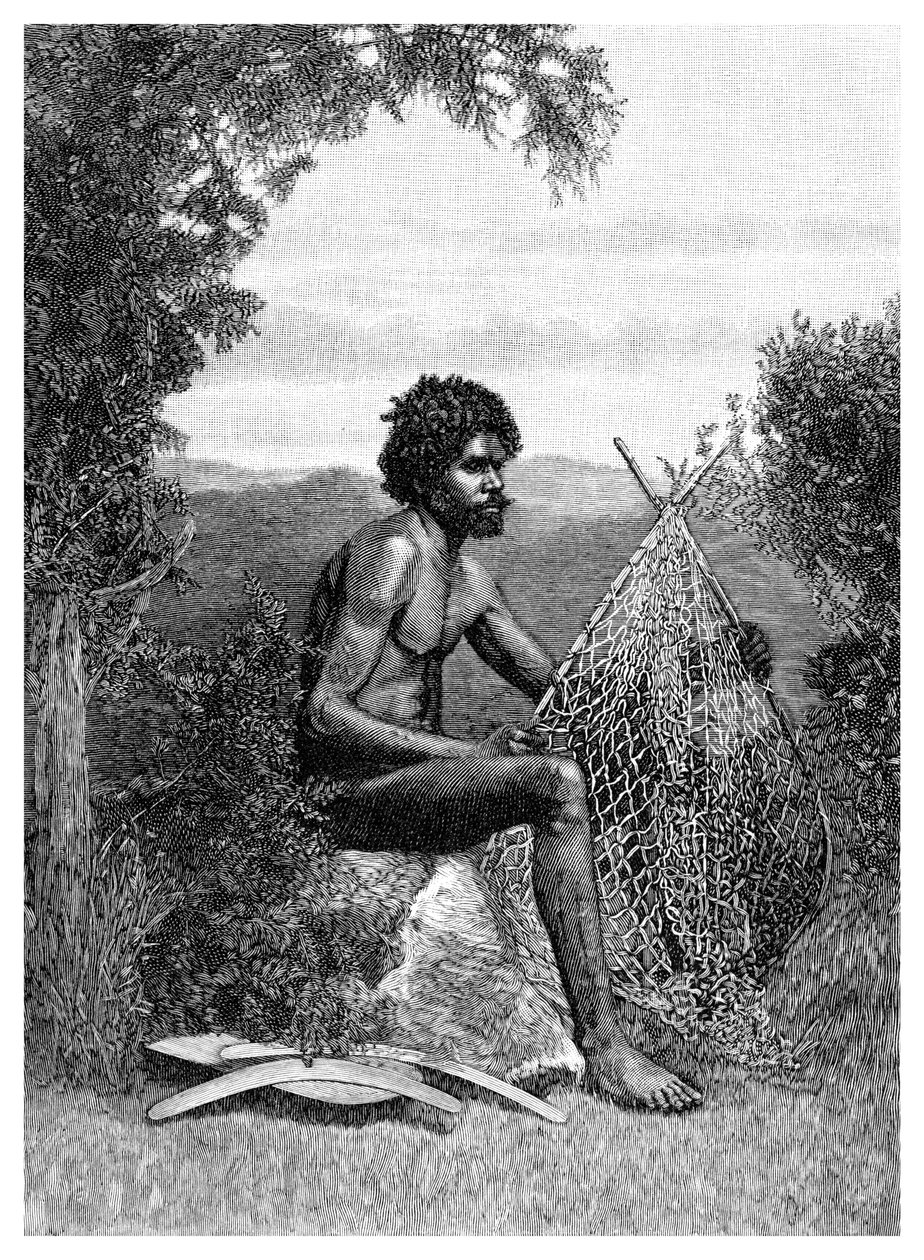 Blackfellow Mending His Net, Australia, 1886 av Unbekannt
