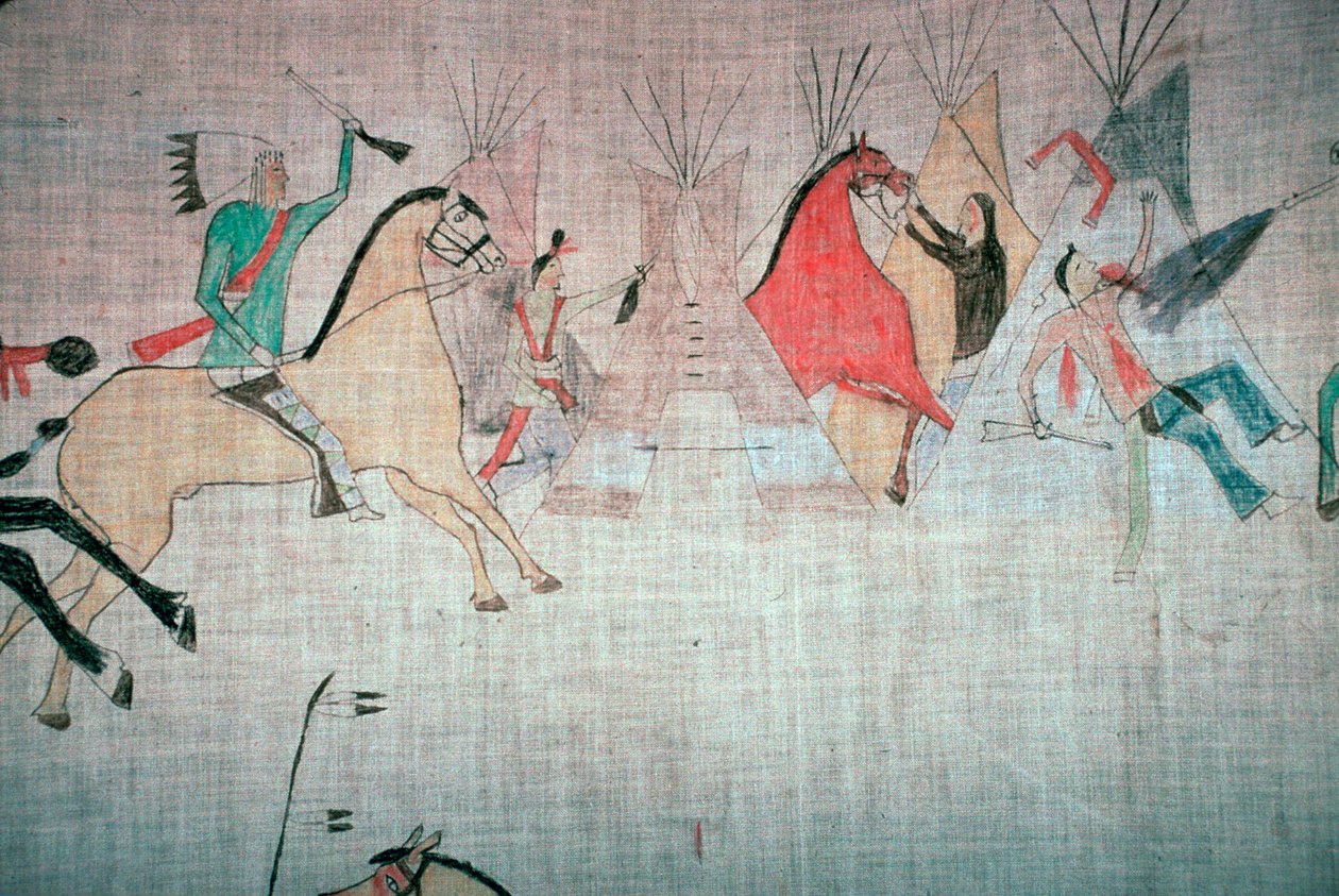 Blackfoot indiansk tipiforing som viser et angrep på en leir av Unbekannt
