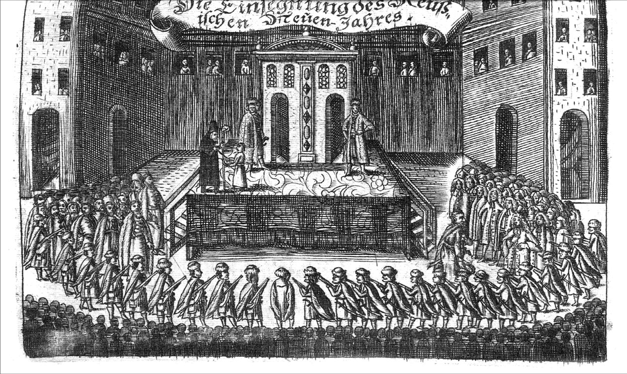 Velsignelse av det russiske nyttår fra Georg Adam Schleissing Derer beiyden Czaaren i Reussland Ivan og Peter Alexewiz, 1693 av Unbekannt