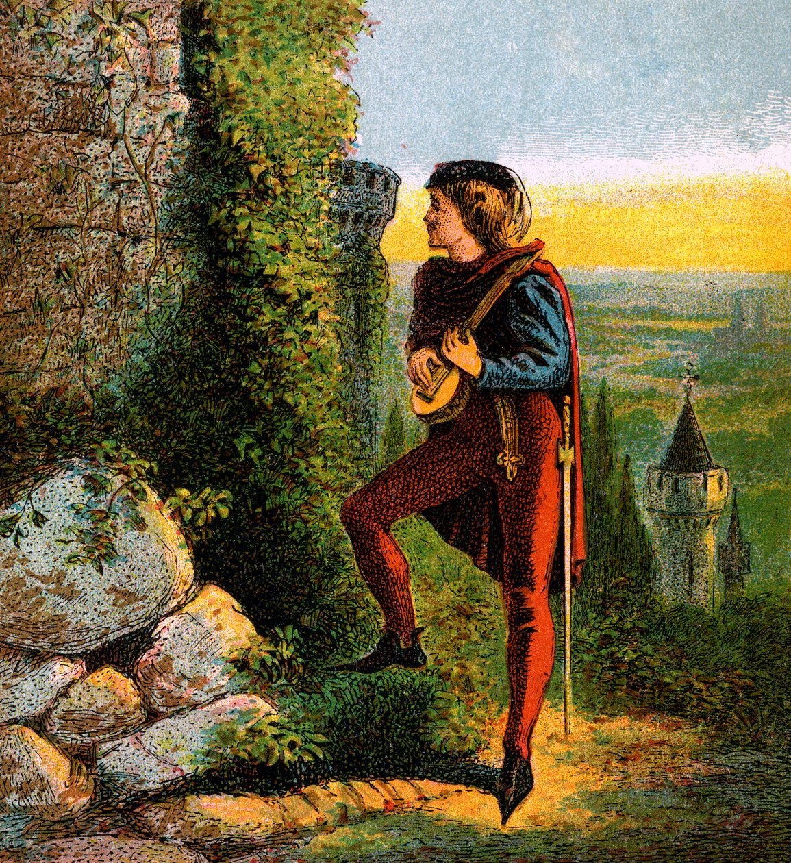 Blondel ved Richards fengsel, 1100-tallet, c1850 av Unbekannt