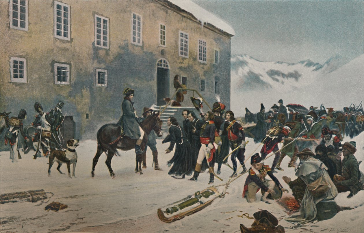 Bonaparte mottatt av munkene på St. Bernard-fjellet. Passasje av Alpene, mai 1800, 1896 av Unbekannt
