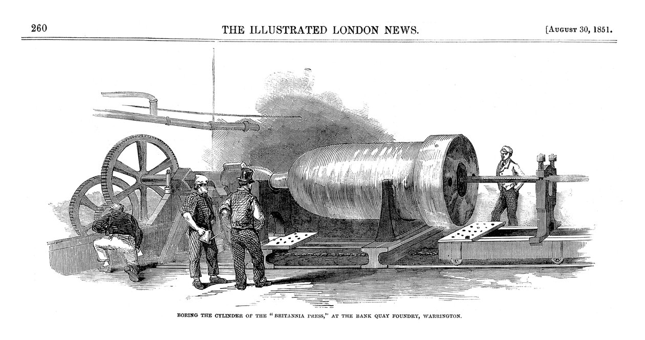 Boring av sylinderen til Britannia Press ved Bank Quay Foundry, Warrington, 1851 av Unbekannt