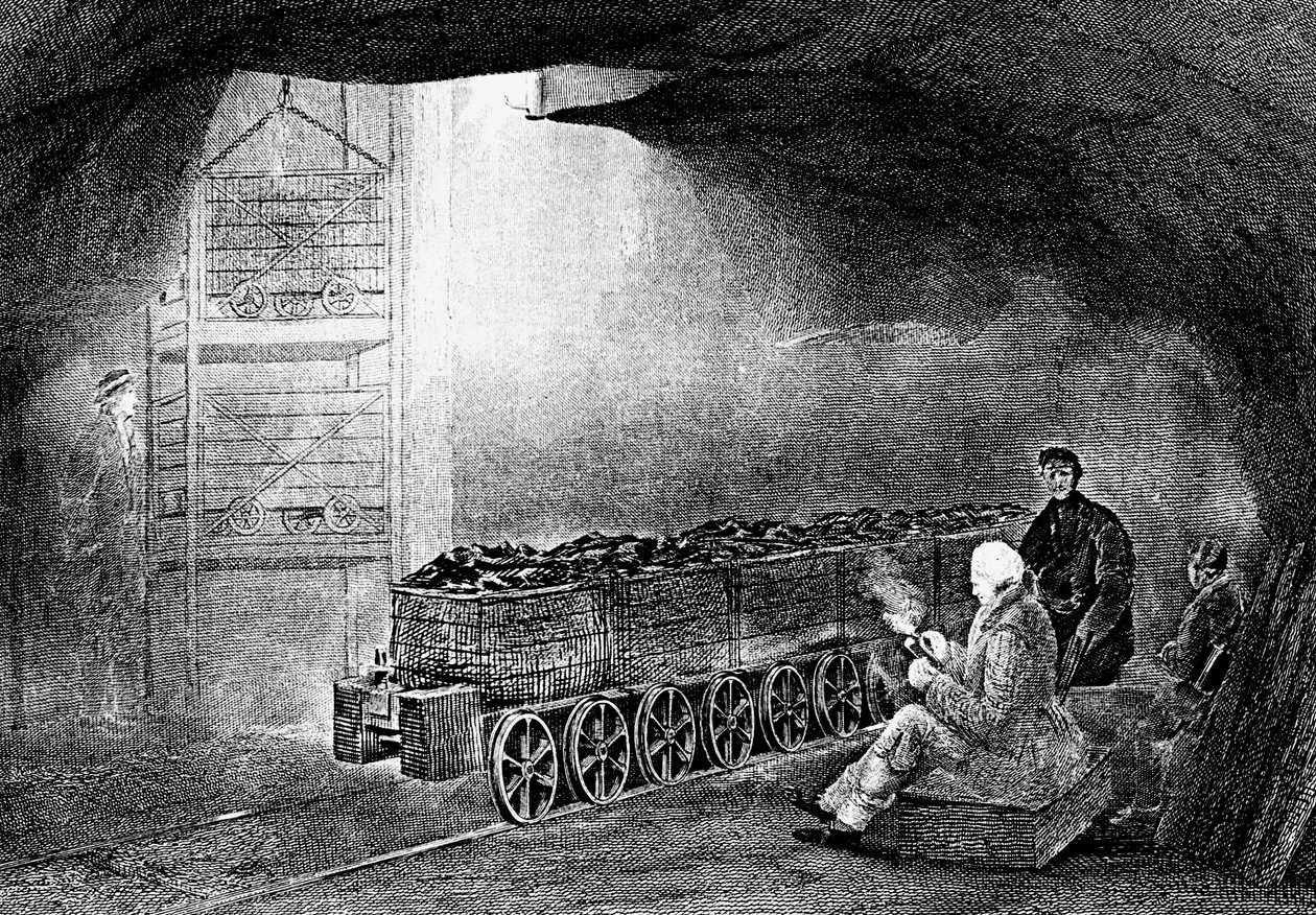 Bunnen av en gropsjakt i en kullgruve med et tog med lastede vogner, 1860 av Unbekannt
