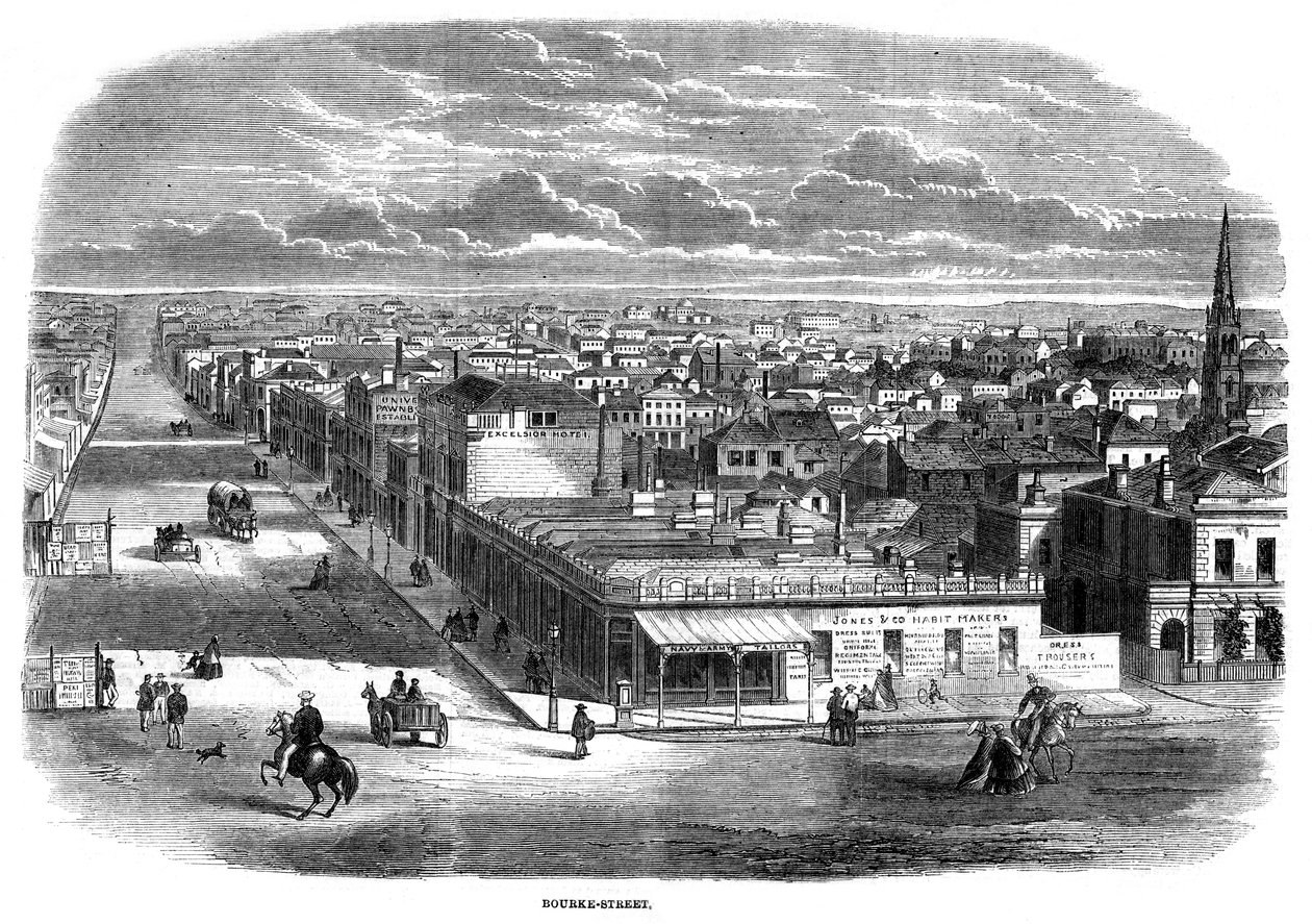 Bourke Street, Melbourne, Australia, 1863 av Unbekannt