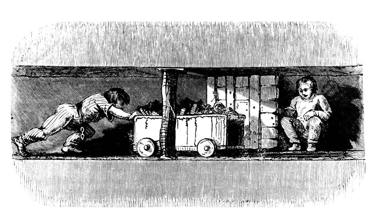 Gutt skyver en lastebil lastet med kull fra kullflaten til bunnen av gropsjakten, c1848 av Unbekannt