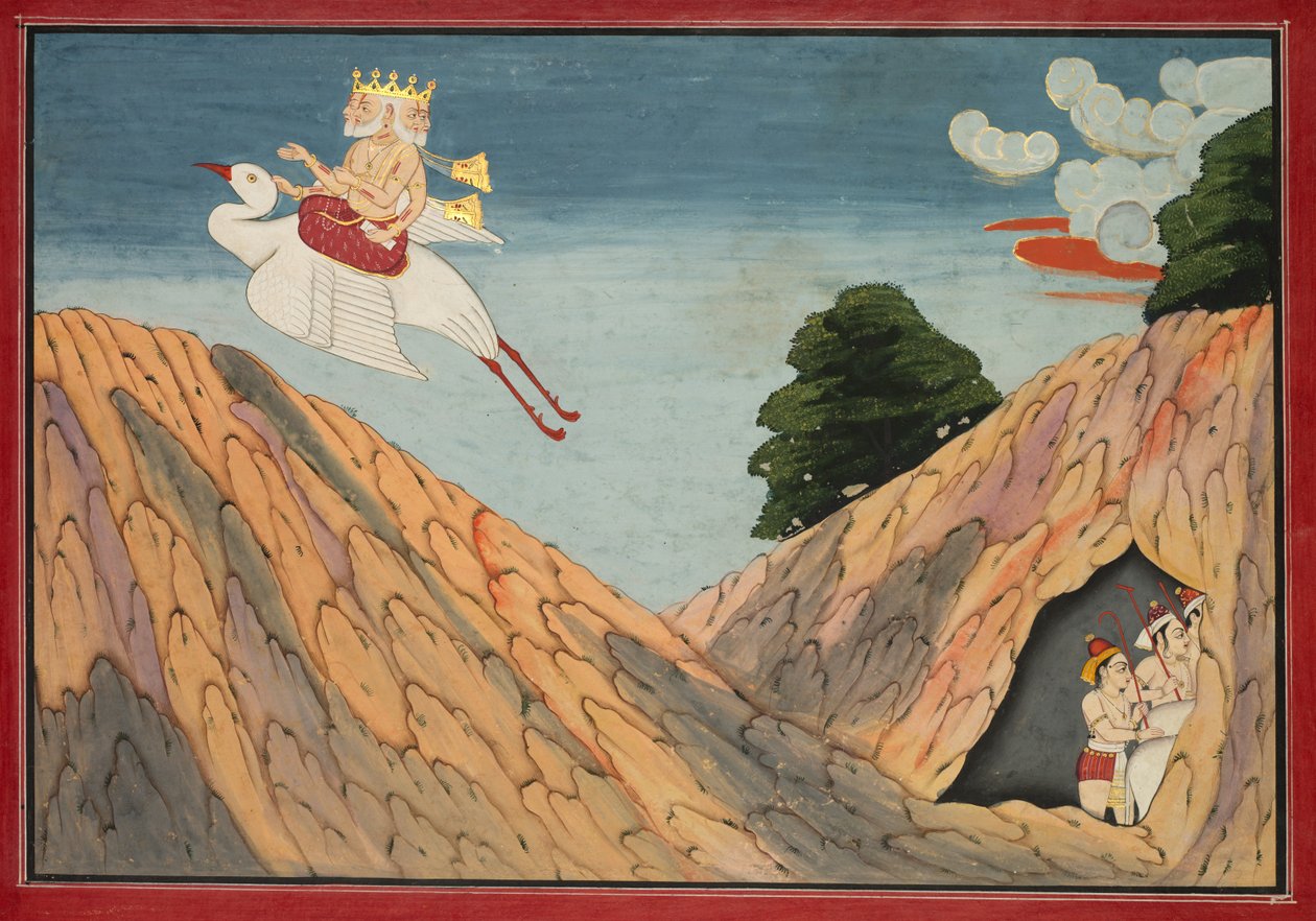 Brahma Hides the Cowherds and the Calves in the Cave, side fra en Bhagavata Purana, ca. 1760-1765. av Unbekannt