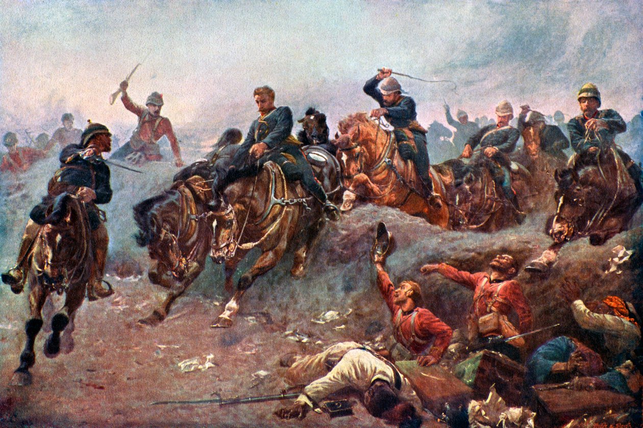 Britisk artilleri går inn i fiendens linjer ved Tel-El-Kebir, 1882, c1920 av Unbekannt