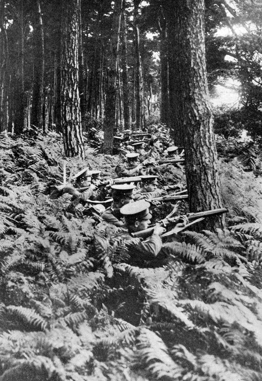 Britisk infanteri i en skog, første verdenskrig, 1914-1918, c1920 av Unbekannt