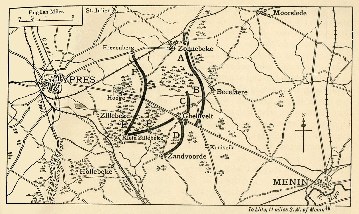 Britiske stillinger før det første slaget ved Ypres, første verdenskrig, 1914, c1920. av Unbekannt