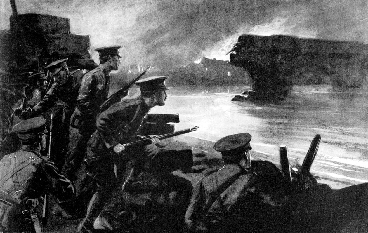 Britiske tropper på elvebredden forberedte seg på tysk fremrykning, Belgia, første verdenskrig, 1914 av Unbekannt