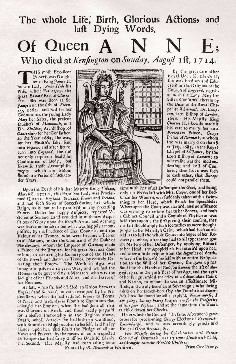 Broadside publisert om dronning Annes død, 1714 1906 av Unbekannt