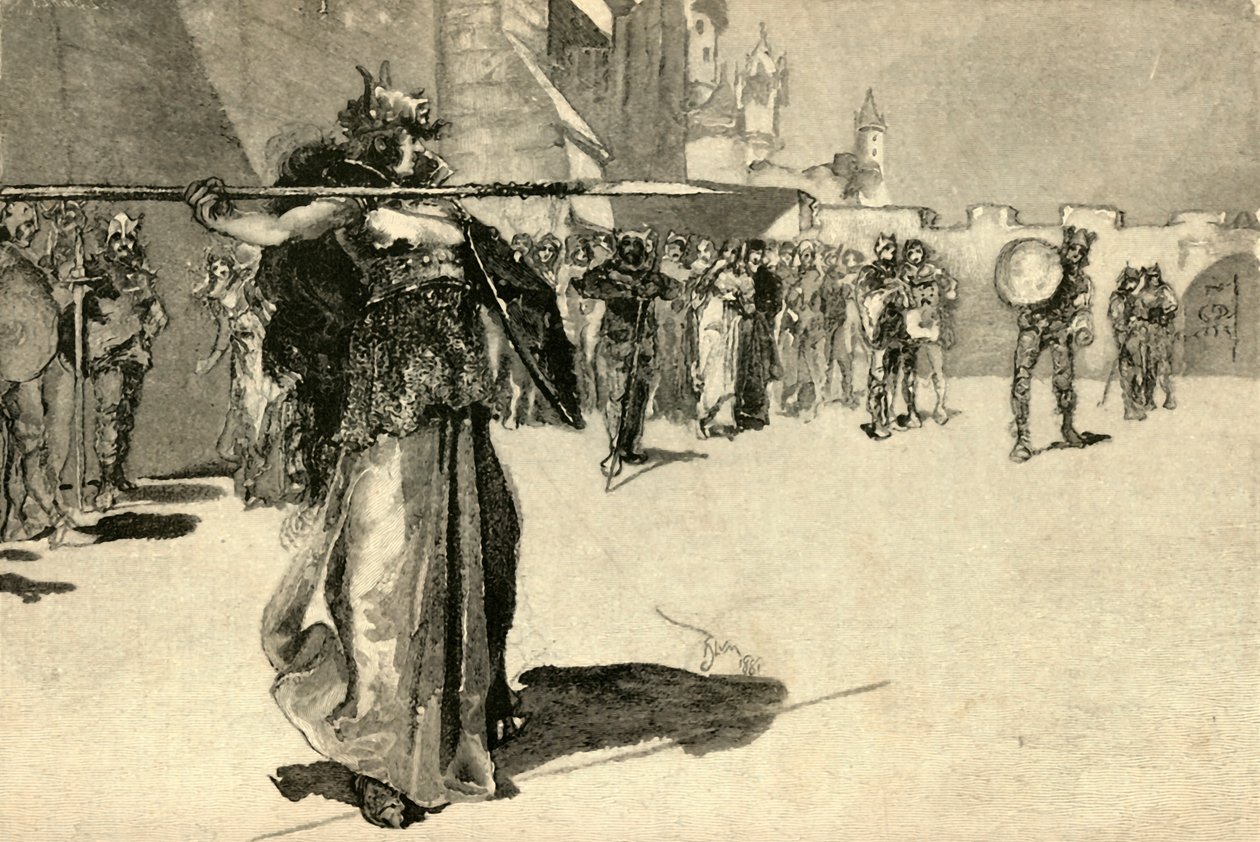 Brunhild, The Warrior-Queen, kaster spydet sitt mot Gunthers Shield, 1882. av Unbekannt