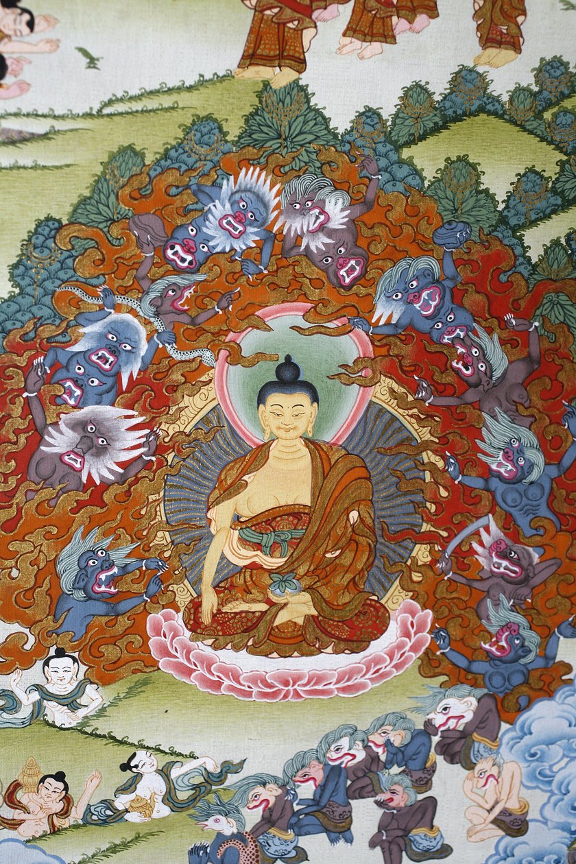 Buddha Sakya Muni omgitt av fristelser. Thangka, Bhaktapur, Nepal av Unbekannt