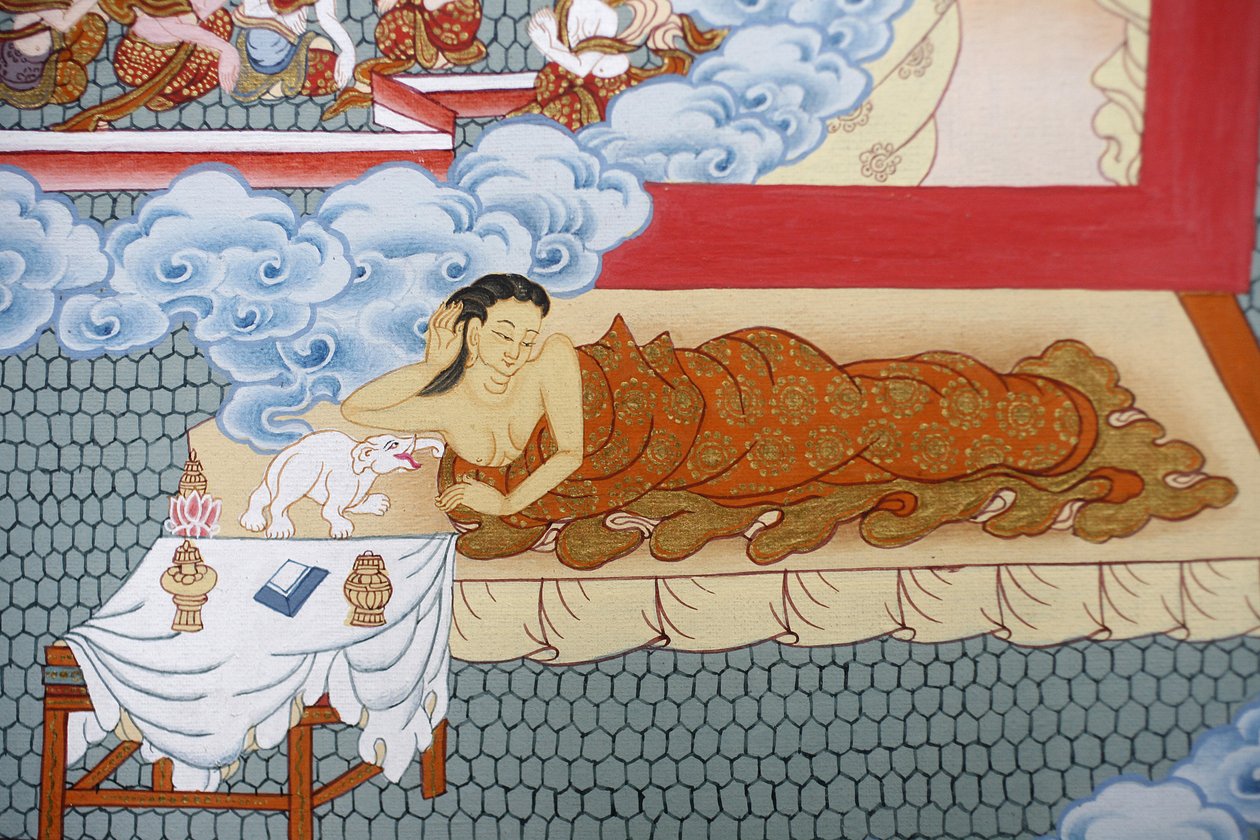 Buddhas mor drømmer om en hvit elefant. Thangka, Bhaktapur, Nepal av Unbekannt