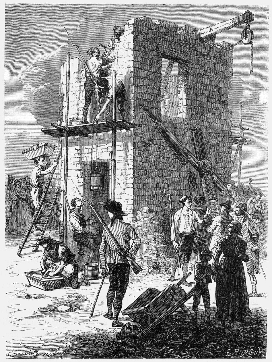 Bygge en Chappe-telegrafstasjon, c1793, c1870 av Unbekannt