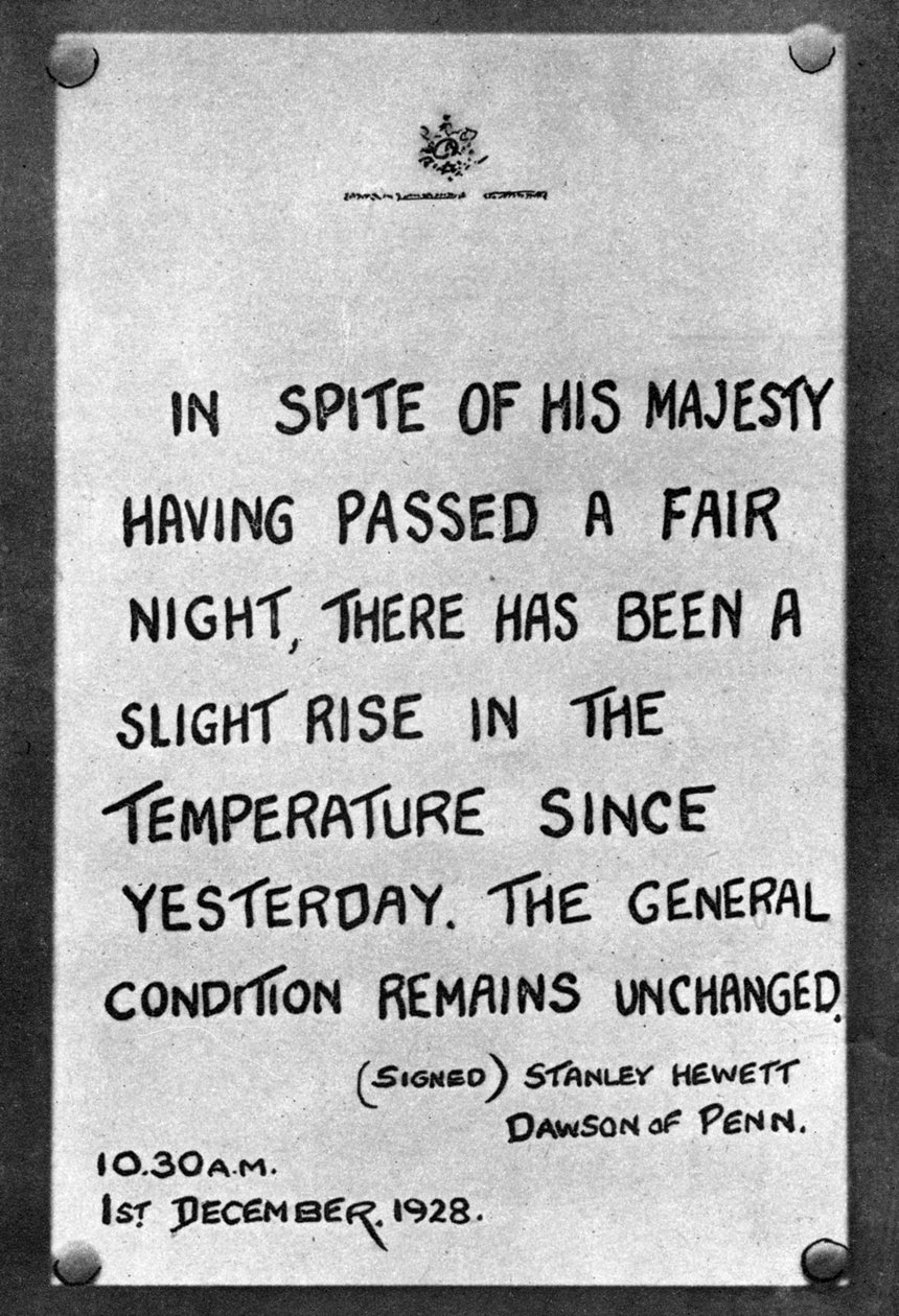 Bulletin of the Kings medisinske fremskritt festet til palassrekkverket, 1928, 1935 av Unbekannt