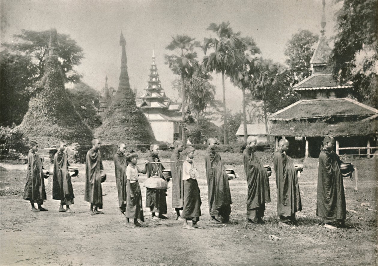 Burmesiske Phoongyies samler almisser, 1900. av Unbekannt