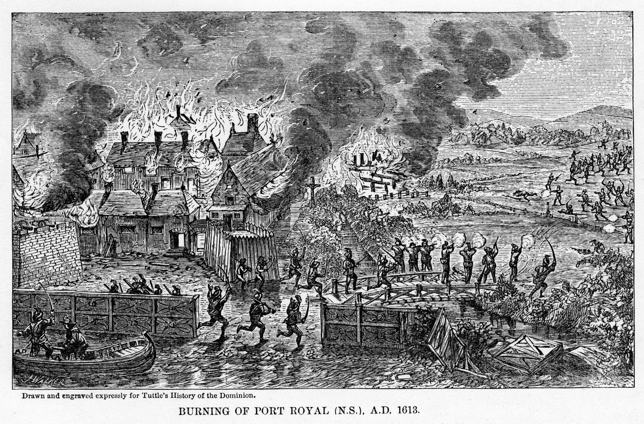 Brenning av Port Royal Nova Scotia, 1613 e.Kr., 1877 av Unbekannt