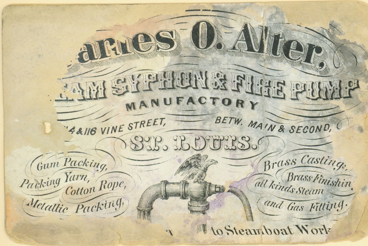 Visittkort til James O. Alter, dampsifon og brannpumpefabrik, St. Louis, ca. 1870 av Unbekannt