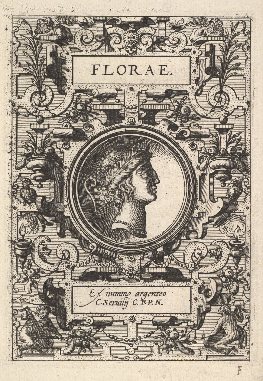 Byste av Florae omgitt av stropper, fra serien Deorum dearumque, et sett med bilder..., 1573. av Unbekannt
