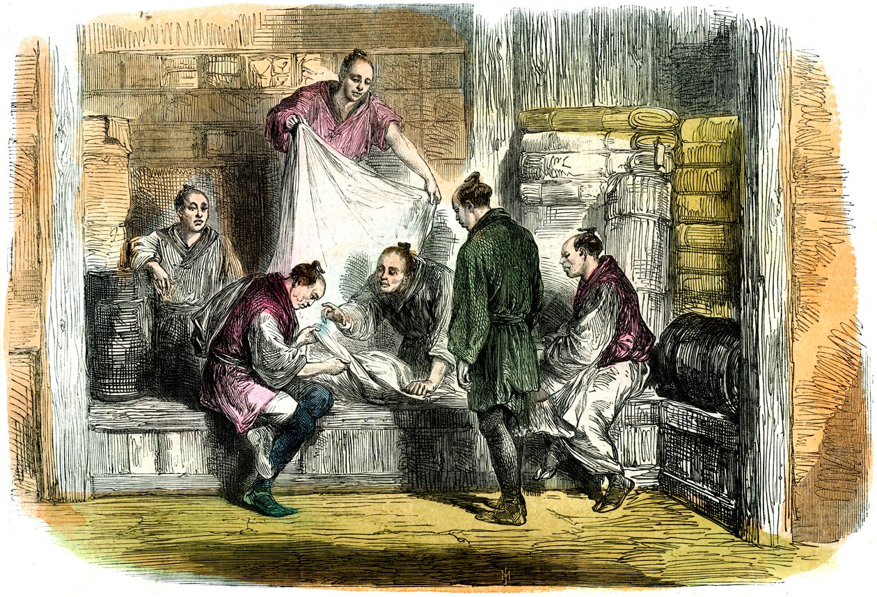 Kjøpe kamletter i en butikk, Yokohama, Japan, 1865 av Unbekannt