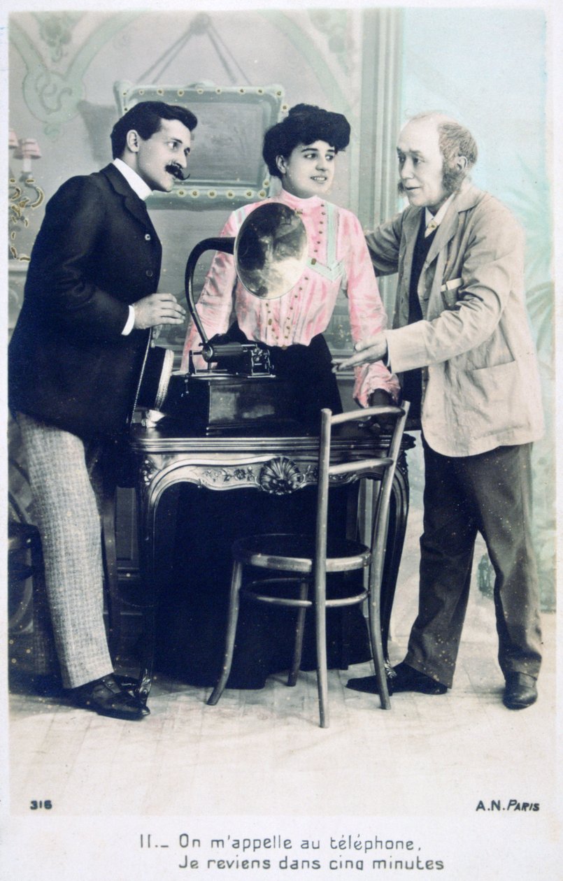 Ring meg på telefonen, jeg kommer tilbake om fem minutter, c1900 av Unbekannt