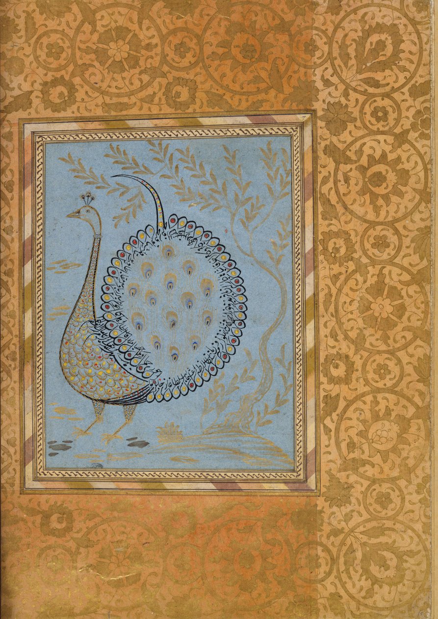 Kalligrafisk komposisjon i Shape of Peacock, Folio fra Bellini Album, ca. 1600. av Unbekannt