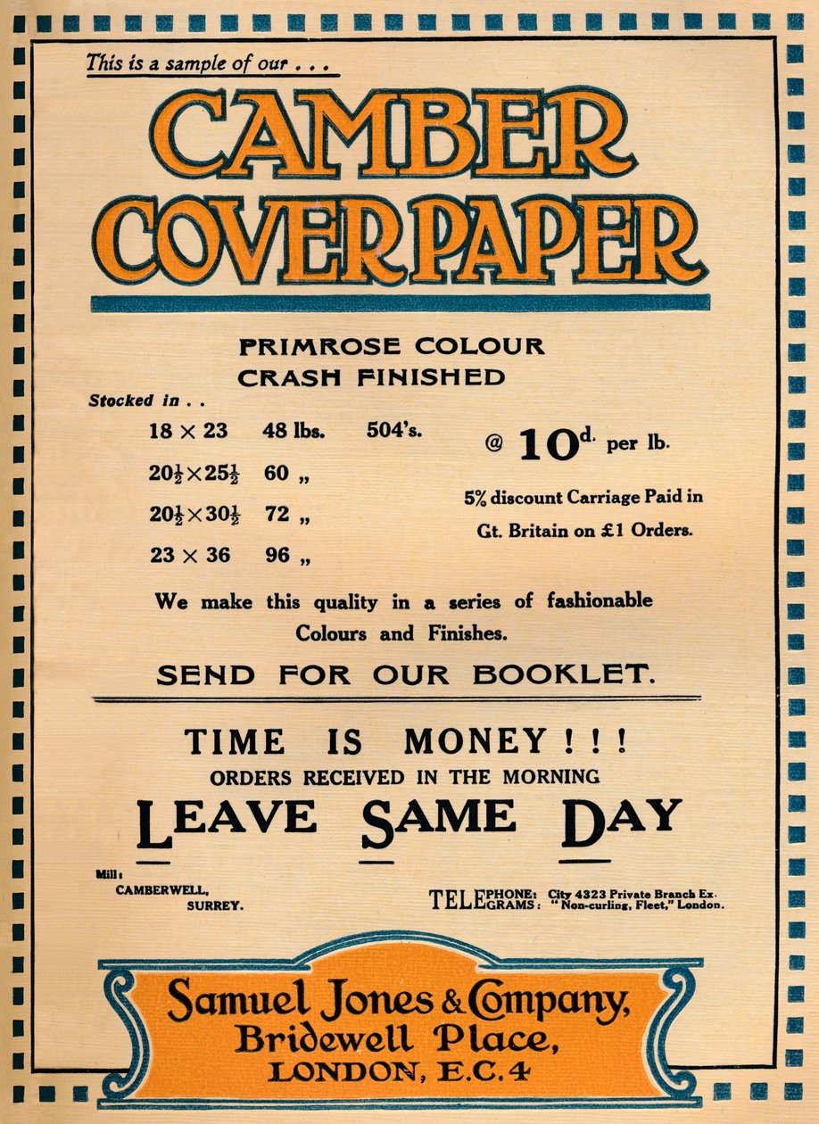 Camber Coverpaper - Samuel Jones & Company-annonse, 1919 av Unbekannt