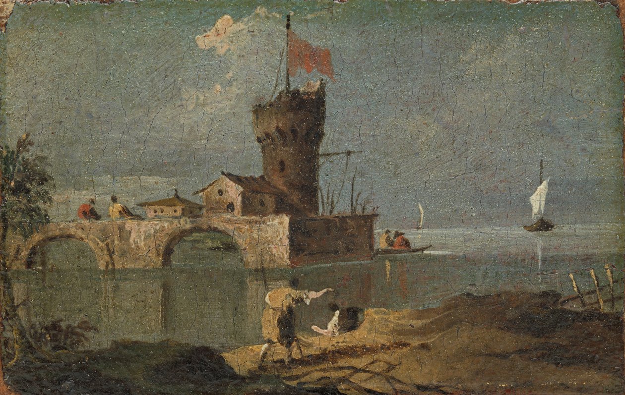 Capriccio med et sirkulært tårn, to hus og en bro, 1700-tallet. av Unbekannt