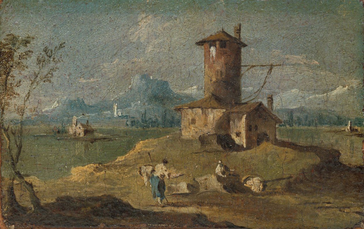 Capriccio med en øy, et tårn og hus, 1700-tallet. av Unbekannt