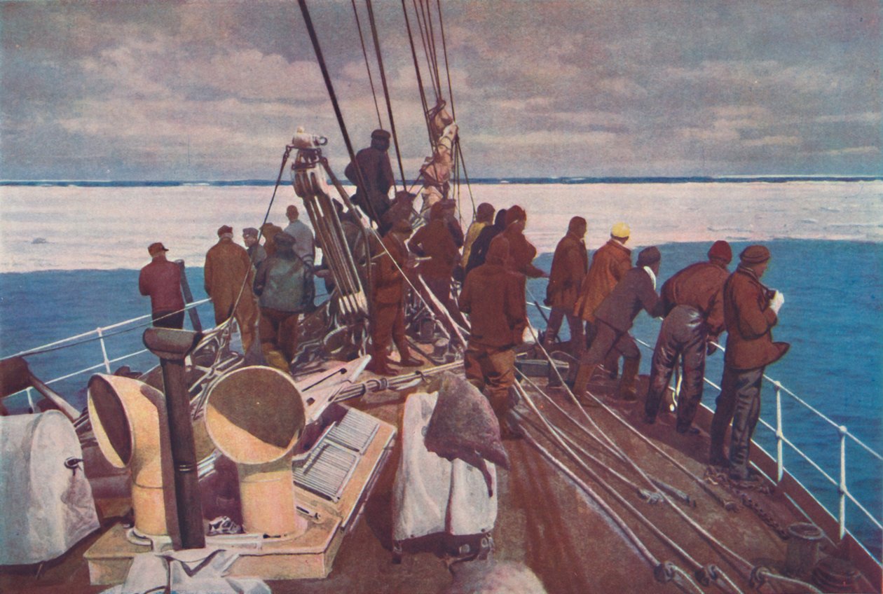 Kaptein Scotts skip, Terra Nova, går inn i pakisen i sørpolarområdene, c1910-192, 1936 av Unbekannt