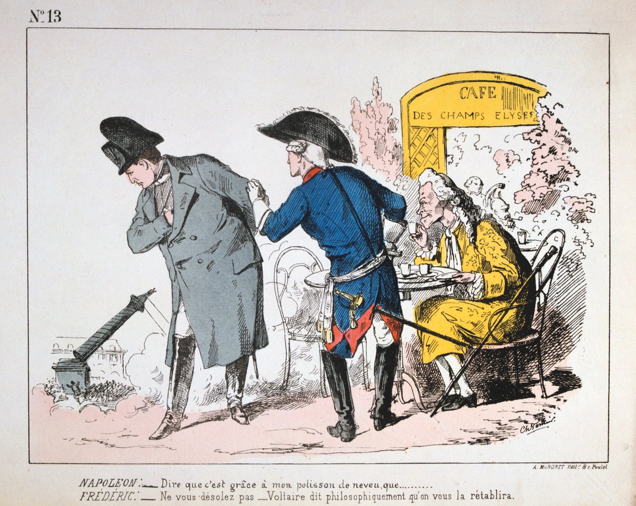 Karikatur av Napoleon I som ser Colonne de Vendomes fall, Paris kommune, 1871. av Unbekannt
