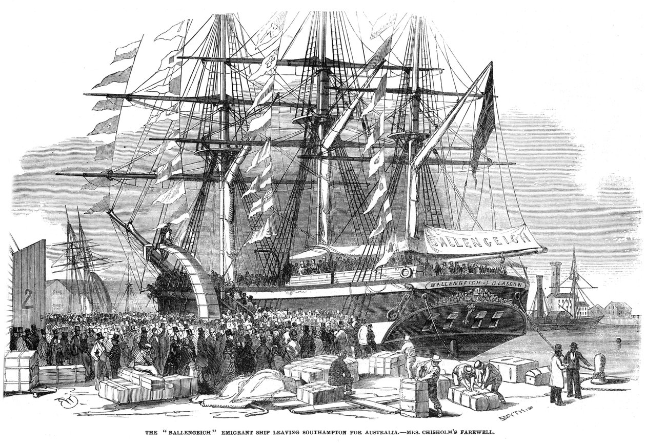 Caroline Chisholm henvendte seg til en folkemengde fra emigrantskipet Ballengeich, 1852 av Unbekannt