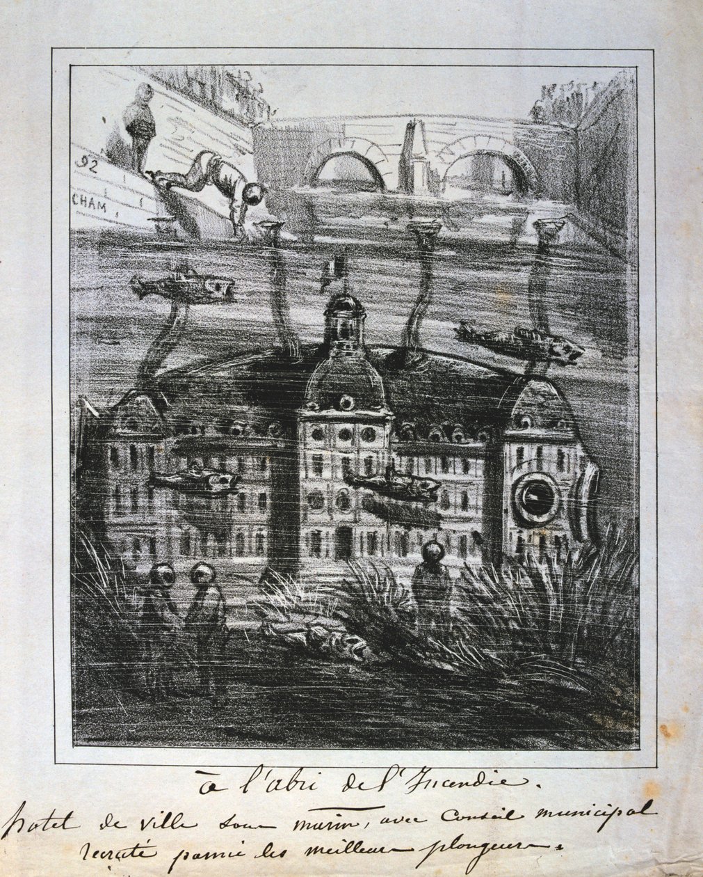 Tegneserieforslag om å gjenoppbygge Hotel de Ville under vann for å forhindre brann, Paris Commune, 1871. av Unbekannt
