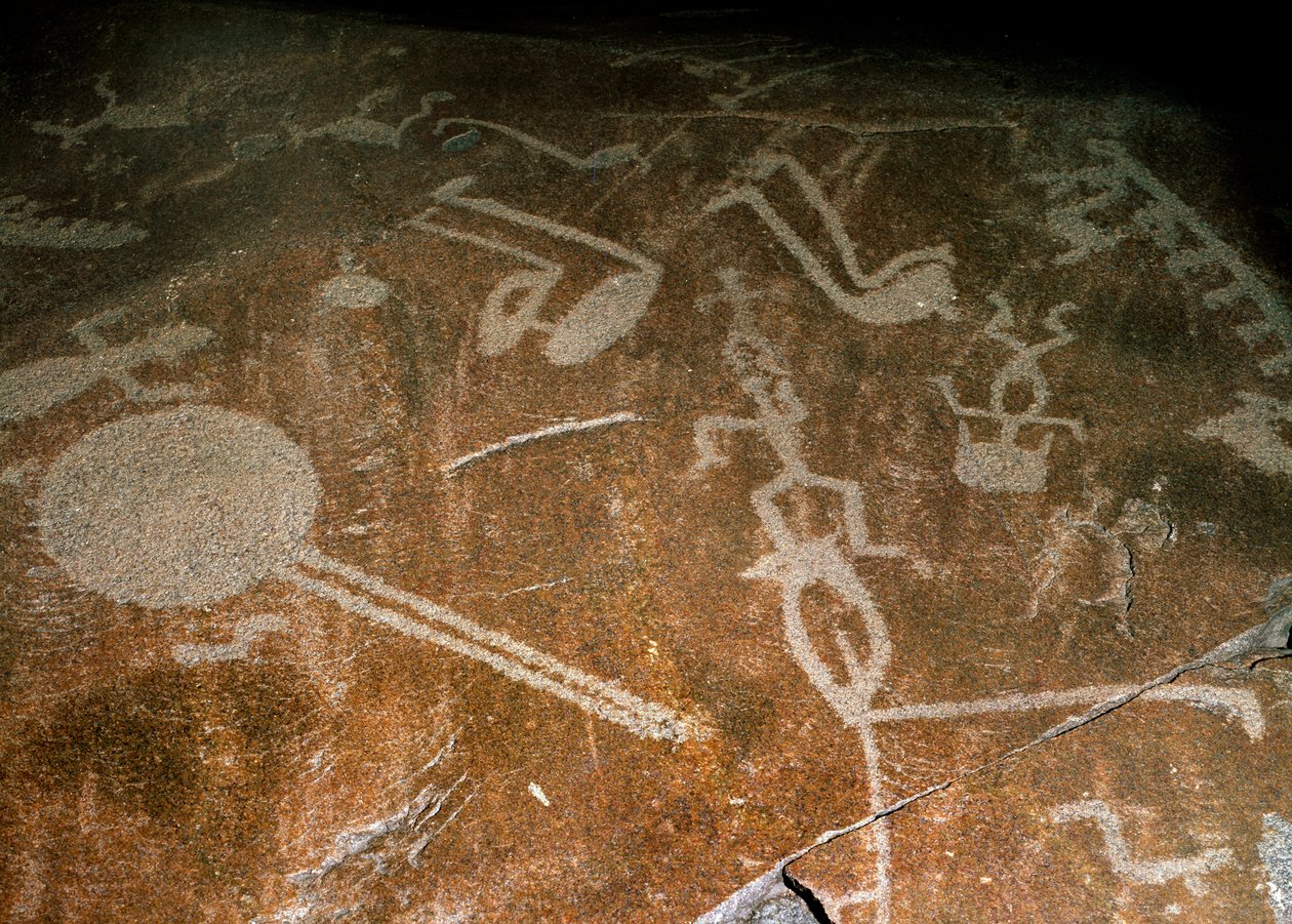 Utskårne Petroglyph Folk, hjort, elg, fugler, støvler og sirkler, 4.-3. årtusen f.Kr. av Unbekannt
