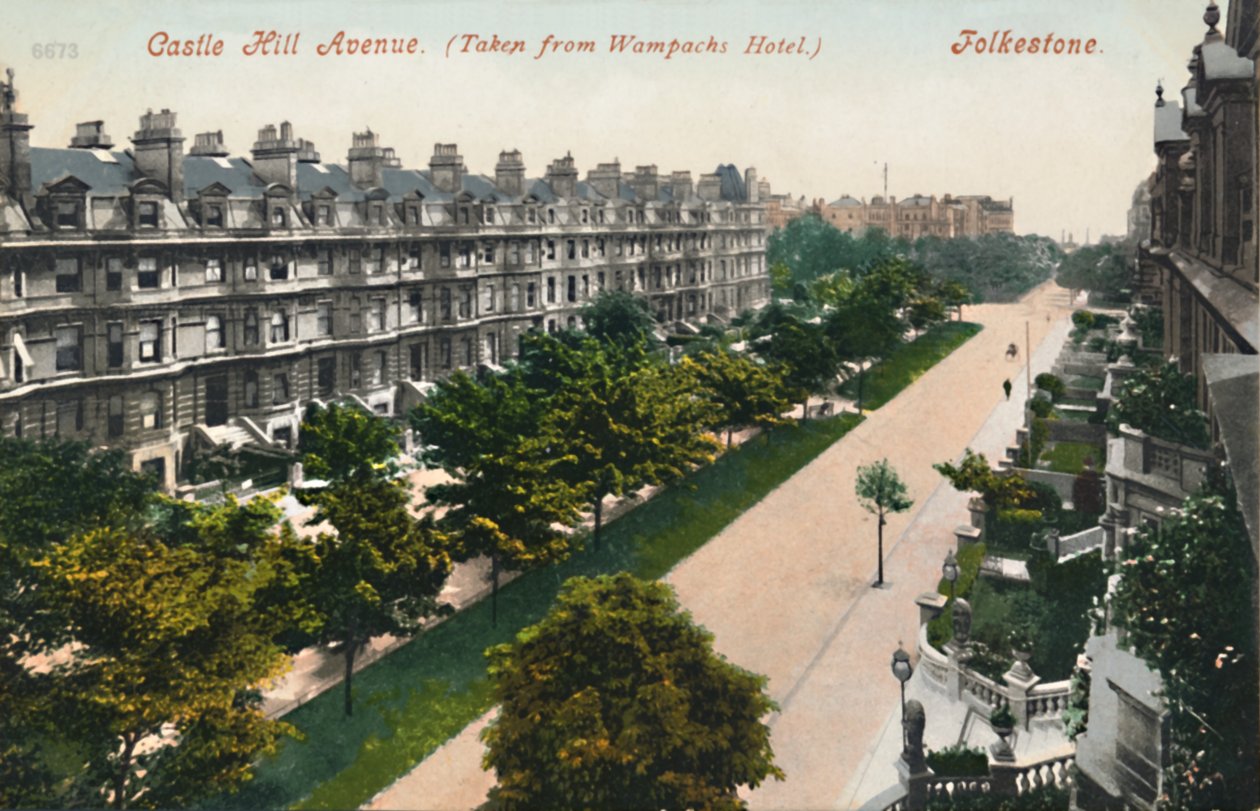 Castle Hill Avenue. Tatt fra Wampachs Hotel. Folkestone, slutten av 1800-begynnelsen av 1900-tallet av Unbekannt