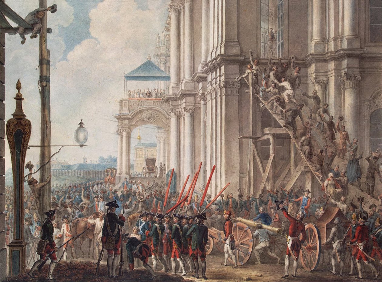 Katarina II på balkongen til vinterpalasset, møtt av vaktene på palassrevolusjonens dag 28. juni 1762, sent på 1700-tallet. av Unbekannt