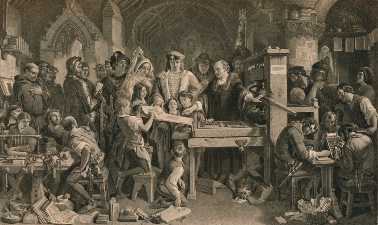 Caxton viser det første eksemplaret av hans trykk til kong Edward IV i Westminster, c1477 1905 av Unbekannt